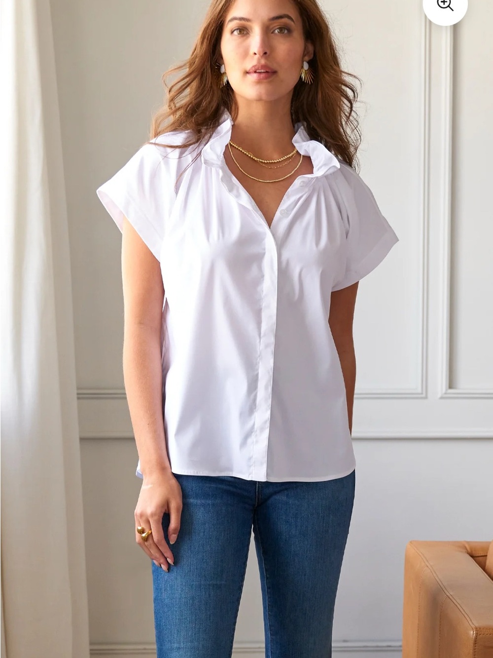 Tuckernuck “Pomander Place” White Ruffle Collar Short-Sleeve Shirt - Women's Top
